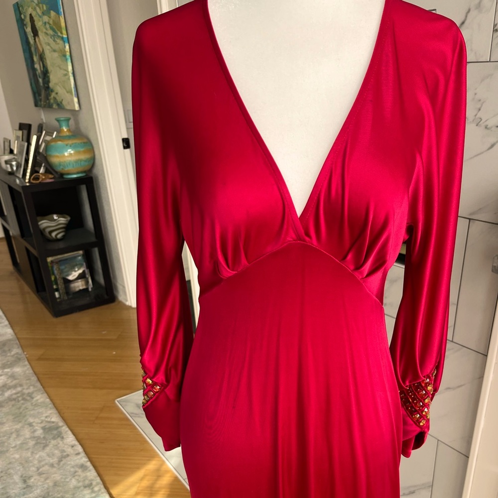 Red festive dress w/beaded long sleeves